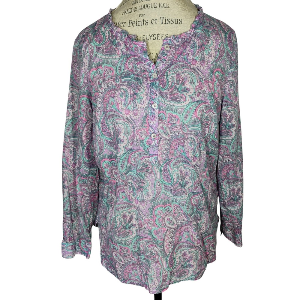 Talbots Popover Top Womens Petite Large Pink Purple Paisley Long Sleeve Cotton